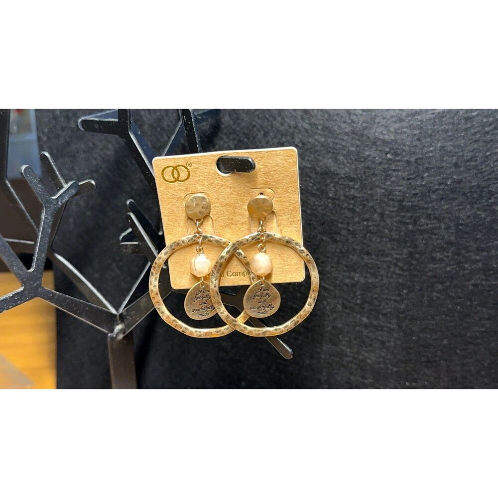 Hammered Gold Hoop Drop Earrings Inspirational Charm Stone Bead Boho NWT
